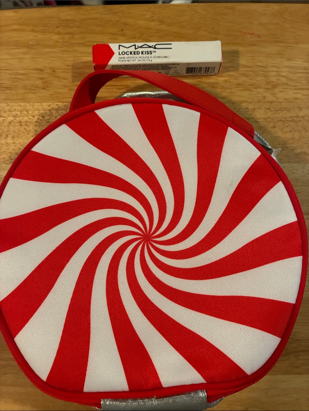 Red & White Swirl Cosmetic Case by Clinique & MAC Locked Kiss Lipstick